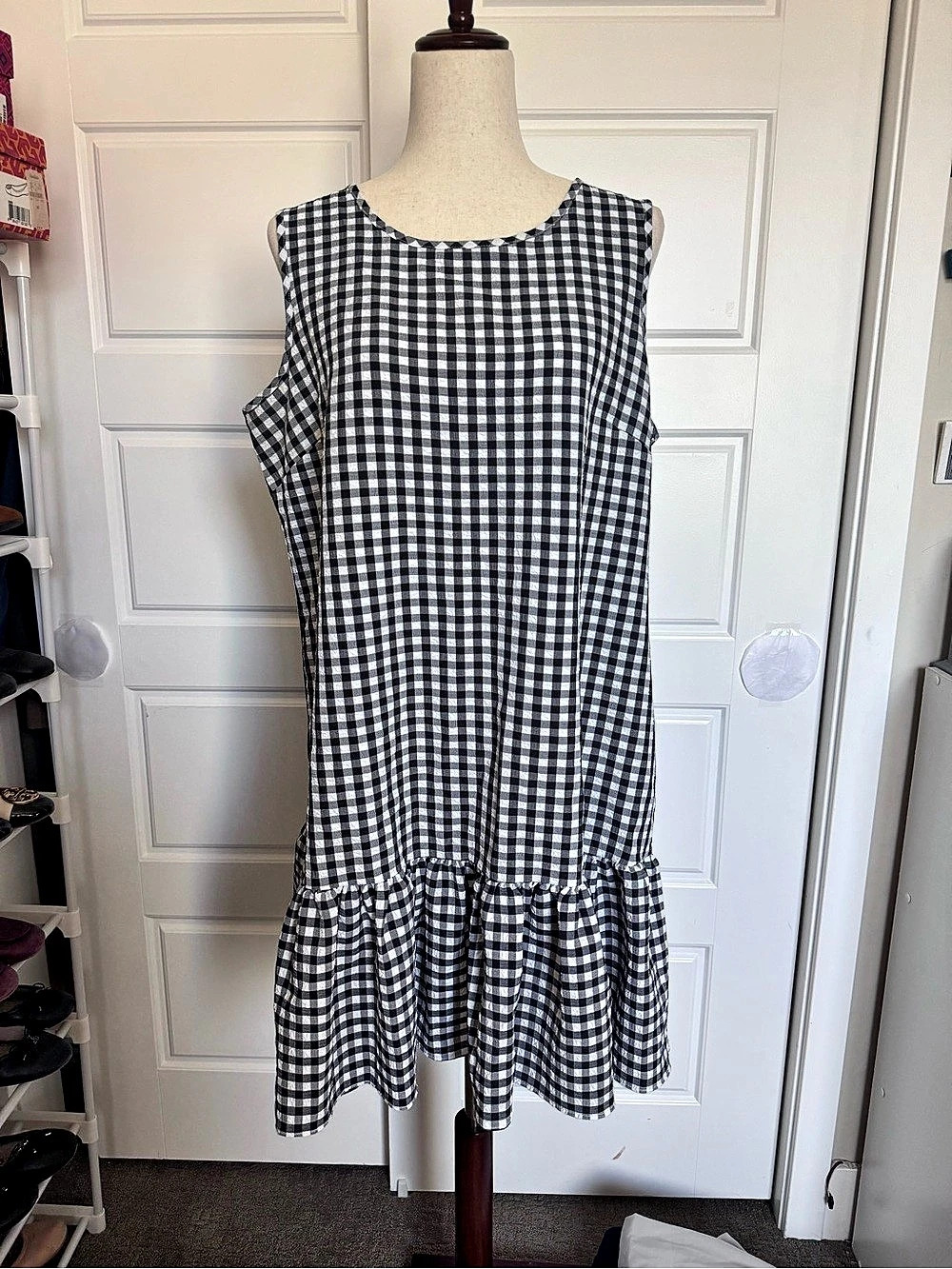 Tommy Hilfiger Gingham Ruffle Mini Dress in Black & White Size 14